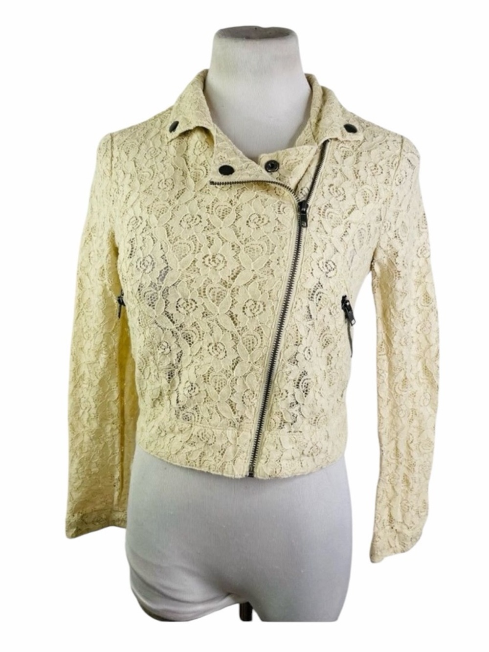Kirra Cream Cropped Lace Asymmetrical Zippered Moto Blazer - Medium